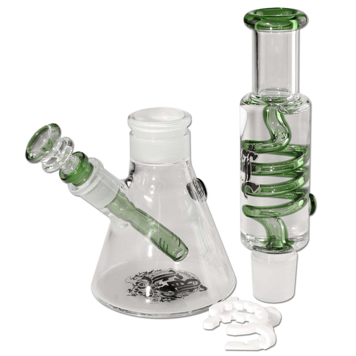 Bong din sticla 'BLACK LEAF' Liquid Spiral | Verde - 320mm.